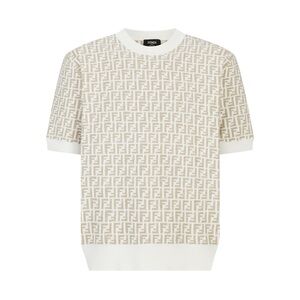Fendi Beige & White Short Sleeve FF Monogram Crewneck Sweater